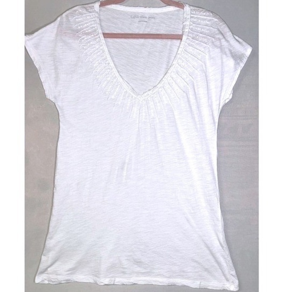 Calvin Klein Jeans White Beaded Embellished V-Neck Slub‎ Knit Tee L